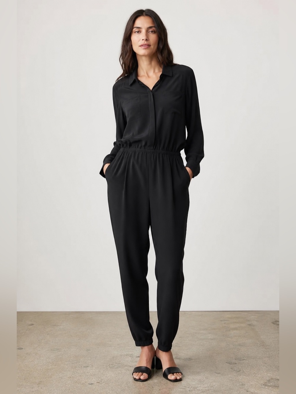 The Fisher Project Eileen Fisher Silk Jumpsuit Elastic Waist Button Front Black